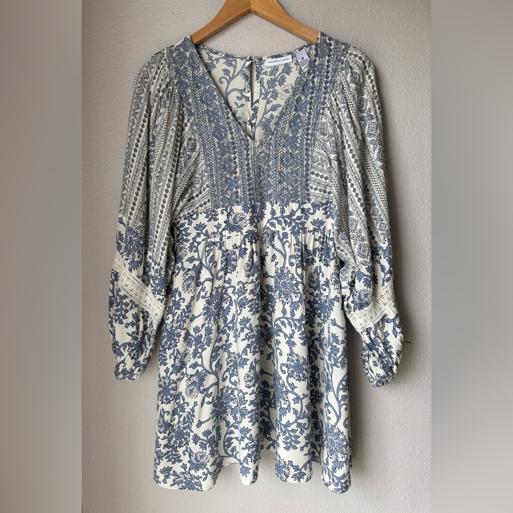 Sincerely Jules Blue and White Floral Boho Mini Dress Puff Sleeves Women Size M